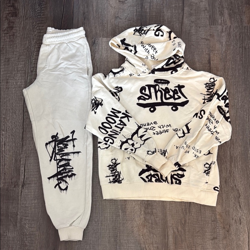 Kids Graphic Hoodie and Jogger Set - Cream
